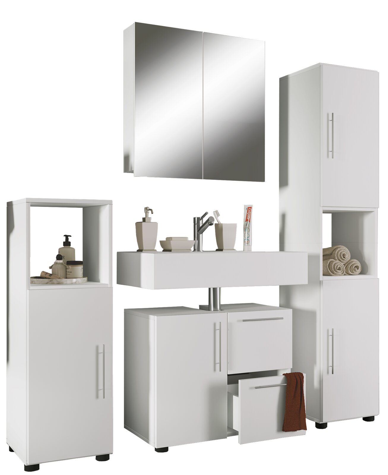 Modernes weißes Badmöbel-Set mit Waschtischunterschrank, Waschbecken, Spiegelschrank und zwei Hochschränken, gezeigt in frontaler Ansicht mit leichter Schrägperspektive auf weißem Hintergrund