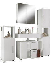 Modernes weißes Badmöbel-Set mit Waschtischunterschrank, Waschbecken, Spiegelschrank und zwei Hochschränken, gezeigt in frontaler Ansicht mit leichter Schrägperspektive auf weißem Hintergrund