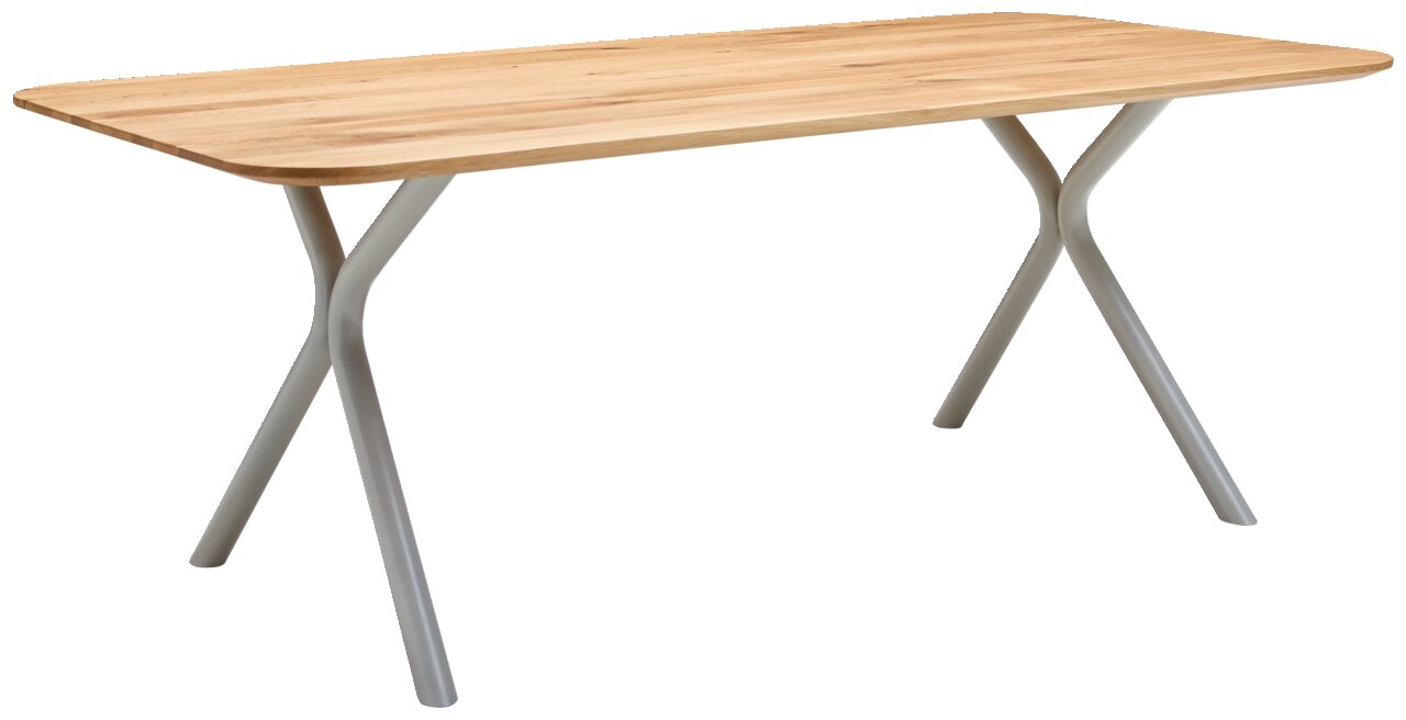 Moderner Esstisch mit Holzplatte und geschwungenen Metallbeinen, seitliche Perspektive