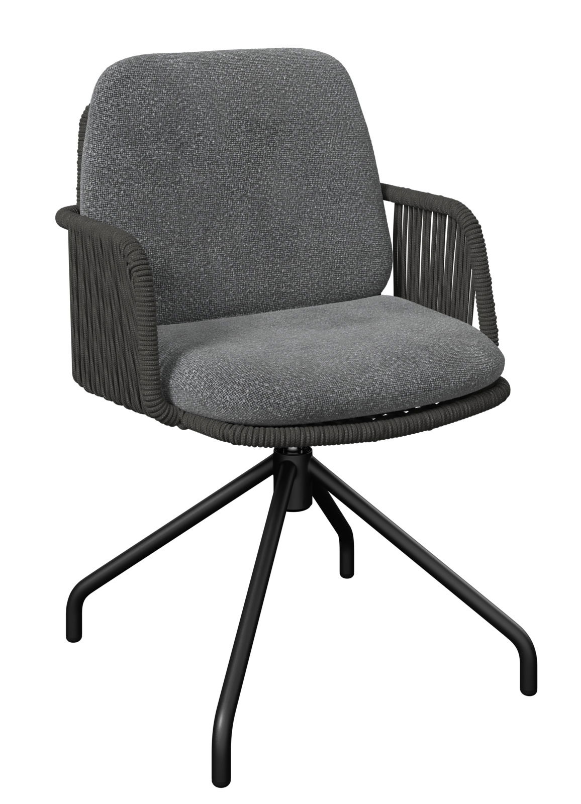 Grauer Armlehnstuhl mit gepolstertem Sitz und Rückenlehne, schwarzem Metallgestell und seitlicher Perspektive