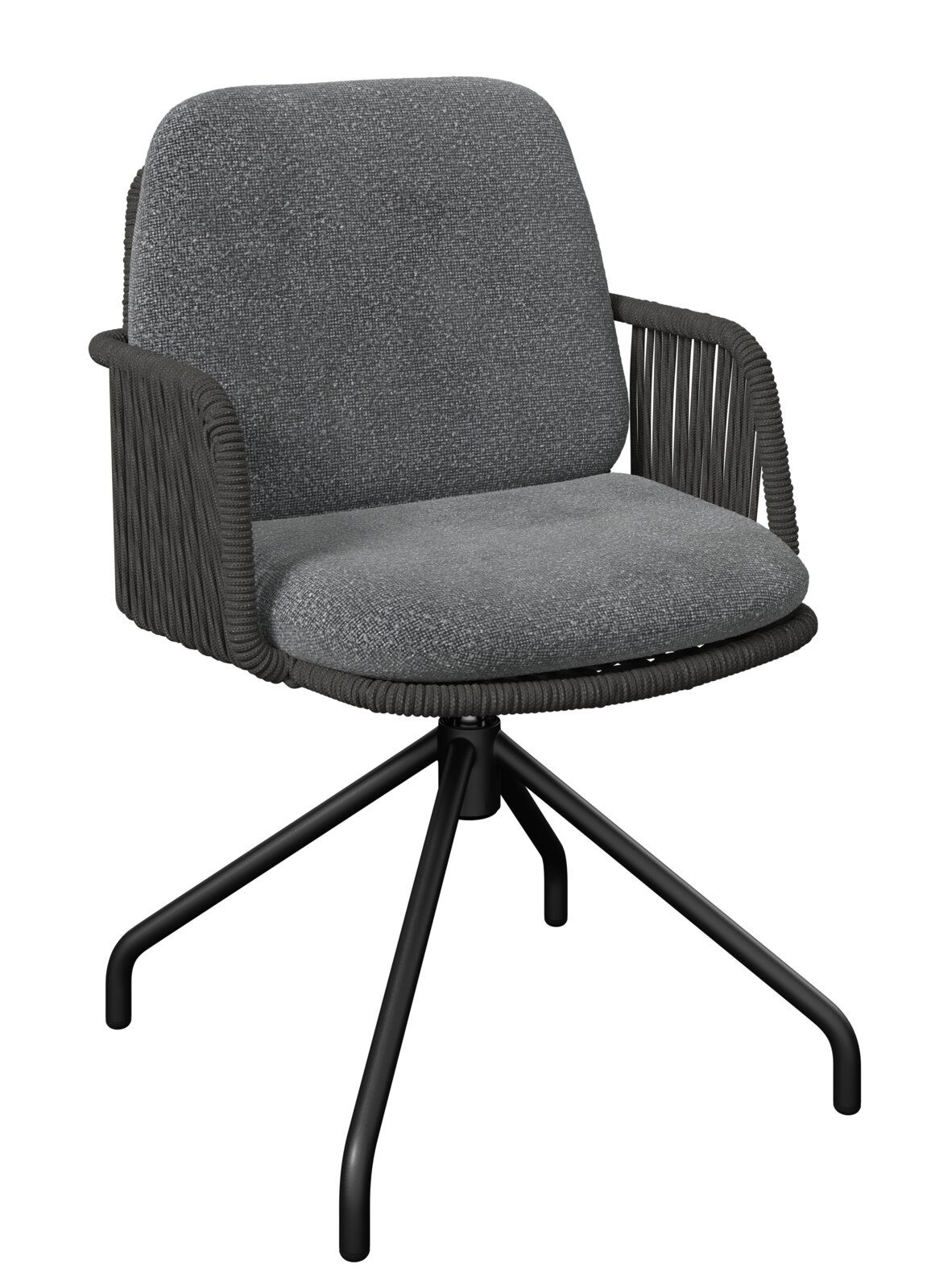 Grauer Armlehnstuhl mit gepolstertem Sitz und Rückenlehne, schwarzem Metallgestell und seitlicher Perspektive