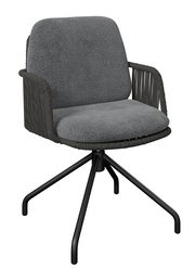 Grauer Armlehnstuhl mit gepolstertem Sitz und Rückenlehne, schwarzem Metallgestell und seitlicher Perspektive