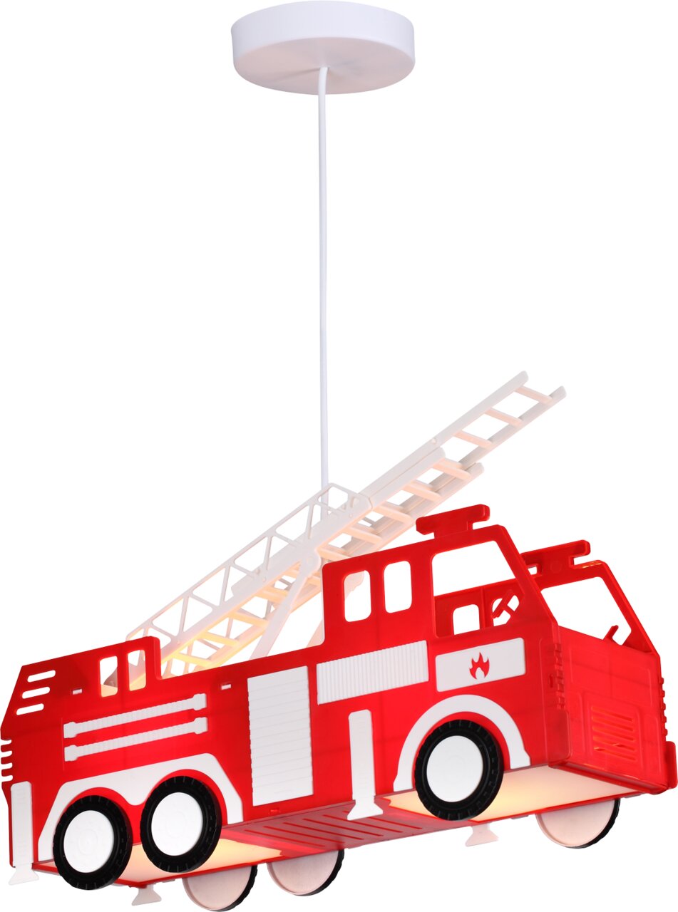 Hängeleuchte in Form eines roten Feuerwehrautos mit Leiter, seitliche Perspektive