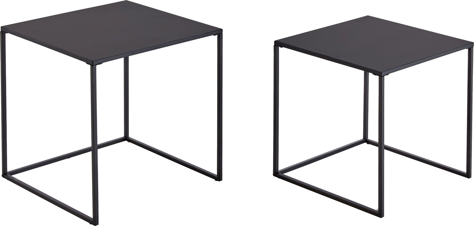 Schwarzer, quadratischer Beistelltisch mit minimalistischer Metallrahmen-Konstruktion und glatter Tischplatte, freigestellt auf weißem Hintergrund, in schräger Vorderansicht (zwei Perspektiven gezeigt)