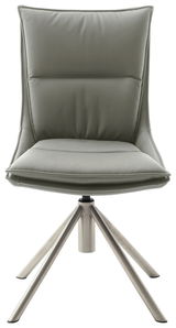 Moderner Stuhl mit gepolsterter Rückenlehne und Sitzfläche in grauer Farbe, auf einem stabilen Metallgestell mit vier Beinen, Frontalansicht.