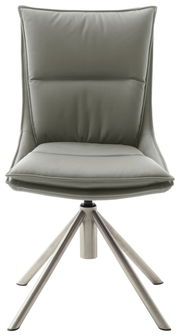 Moderner Stuhl mit gepolsterter Rückenlehne und Sitzfläche in grauer Farbe, auf einem stabilen Metallgestell mit vier Beinen, Frontalansicht.