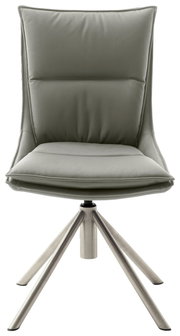 Moderner Stuhl mit gepolsterter Rückenlehne und Sitzfläche in grauer Farbe, auf einem stabilen Metallgestell mit vier Beinen, Frontalansicht.