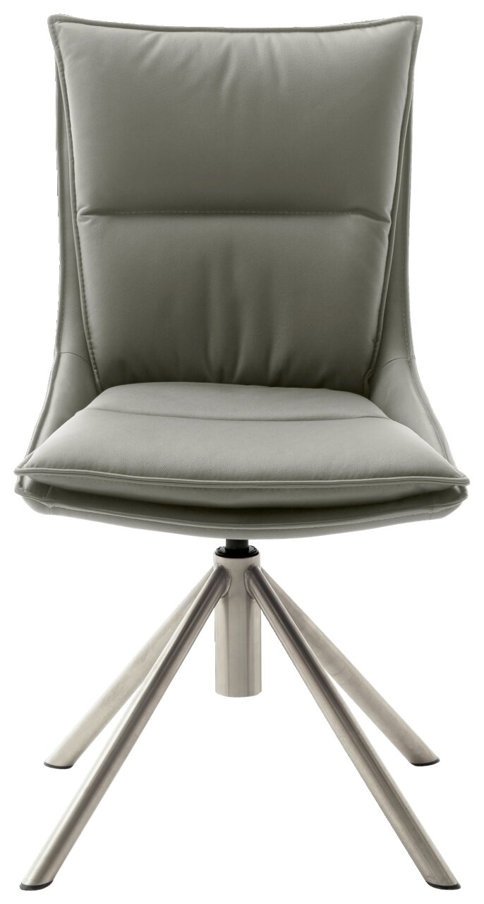 Moderner Stuhl mit gepolsterter Rückenlehne und Sitzfläche in grauer Farbe, auf einem stabilen Metallgestell mit vier Beinen, Frontalansicht.