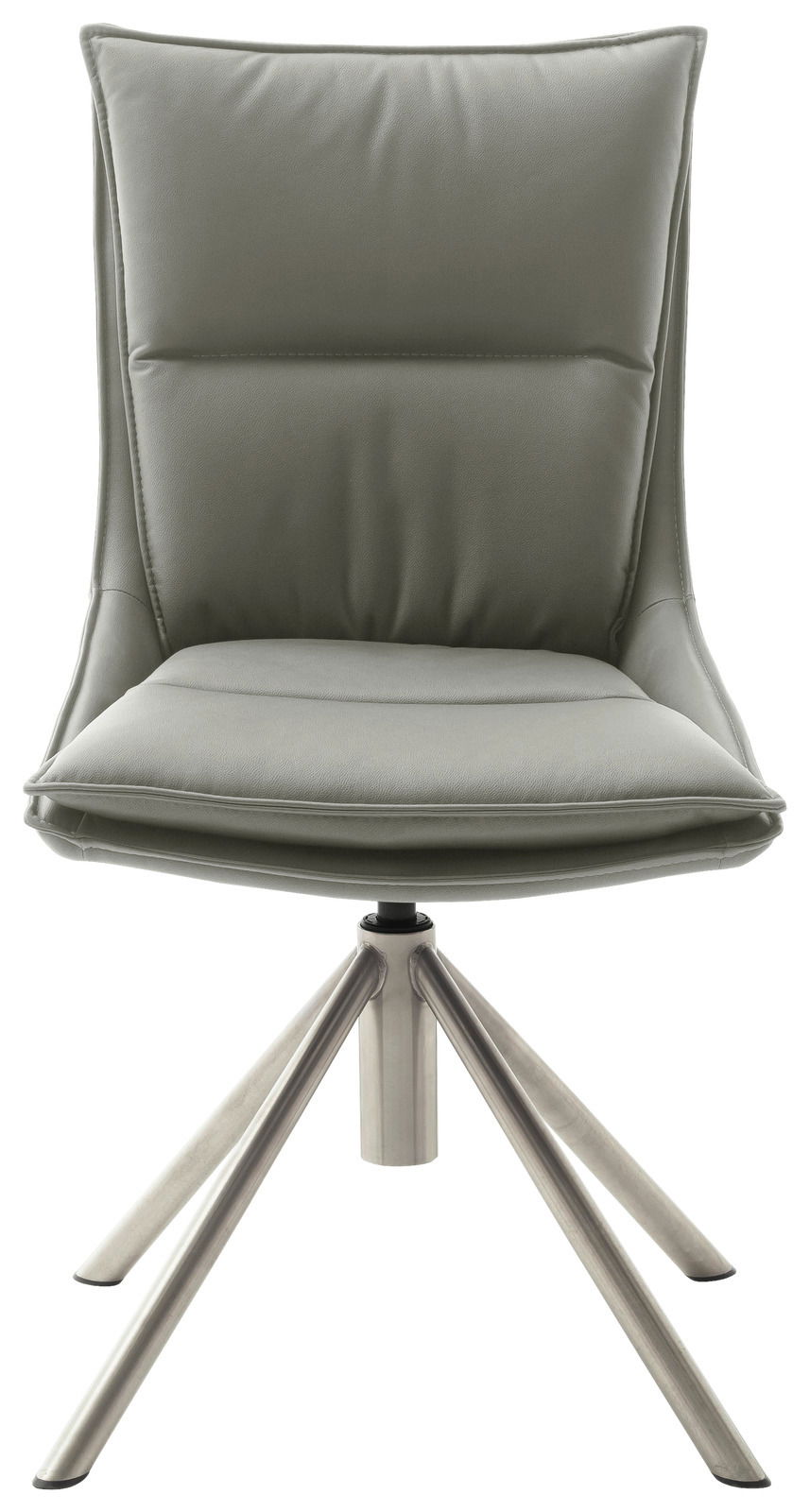 Moderner Stuhl mit gepolsterter Rückenlehne und Sitzfläche in grauer Farbe, auf einem stabilen Metallgestell mit vier Beinen, Frontalansicht.