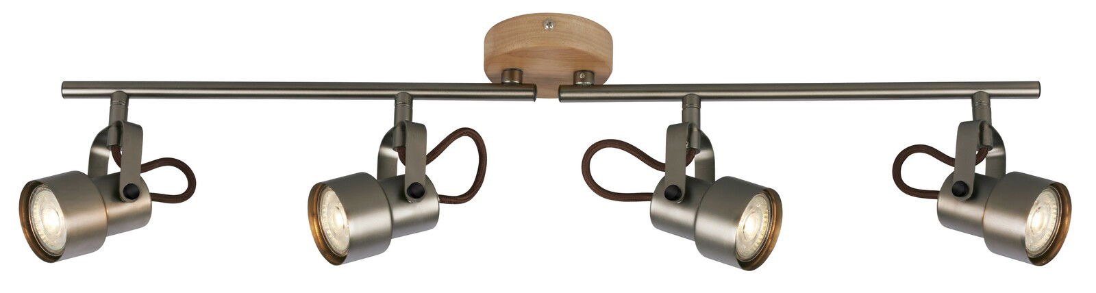 Spotleuchte mit vier verstellbaren Strahlern, montiert auf einer Metallstange mit Holzsockel, seitliche Perspektive.