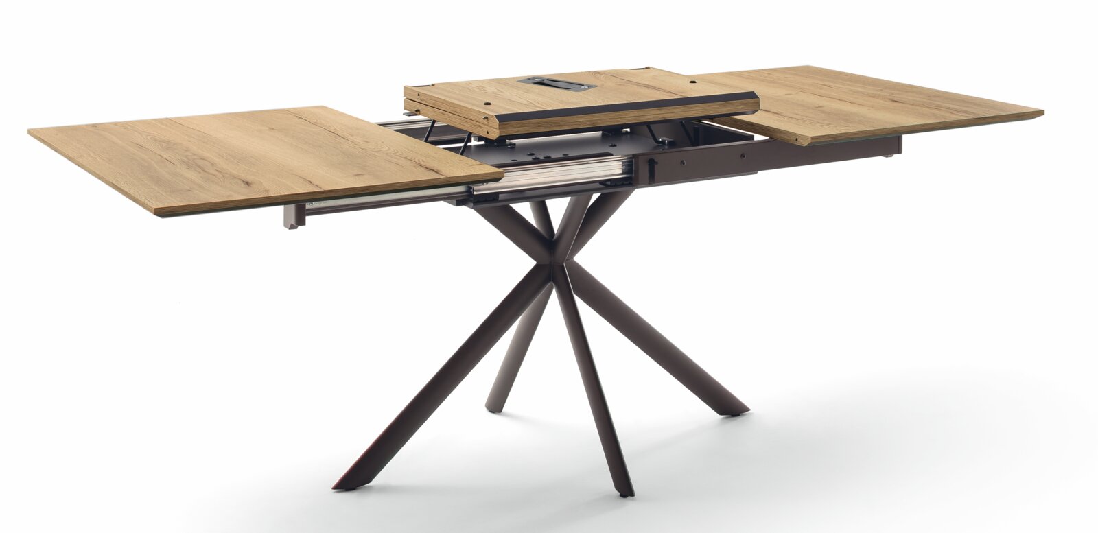 Moderner Esstisch 120x90 cm mit ausziehbarer Holzplatte und stilvollem Metallgestell, seitliche Perspektive