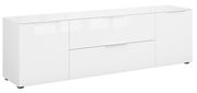 Weißes TV-Lowboard mit drei Türen und zwei Schubladen, seitliche Perspektive