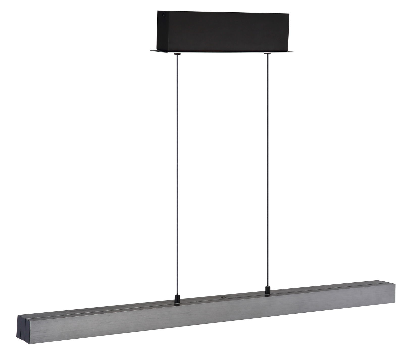 Moderne Hängeleuchte ETHAN von Globo Lighting in seitlicher Perspektive, mit rechteckigem, schwarzem Gehäuse und zwei dünnen Aufhängungen.