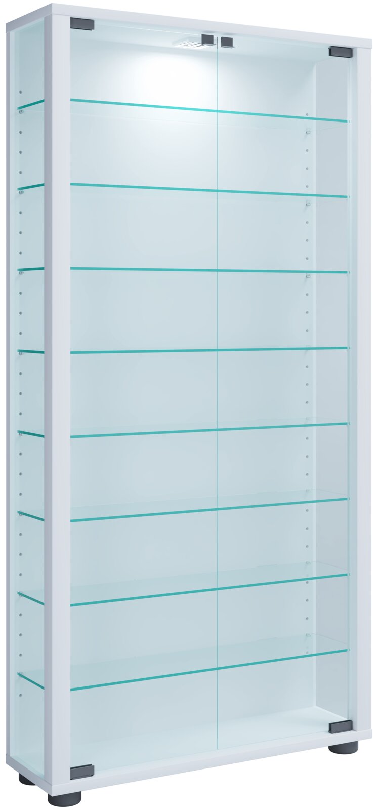 Hoher Glasvitrinenschrank mit weißem Rahmen, transparenten Glastüren und mehreren Glasböden, freigestellt auf weißem Hintergrund, Ansicht leicht von vorne links