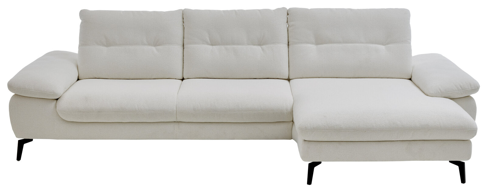 Weiße Longchairkombination mit drei Sitzplätzen und einer Chaiselongue auf der rechten Seite, frontal fotografiert.