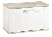 Weiße Bank mit Holzoptik-Oberfläche, Frontansicht