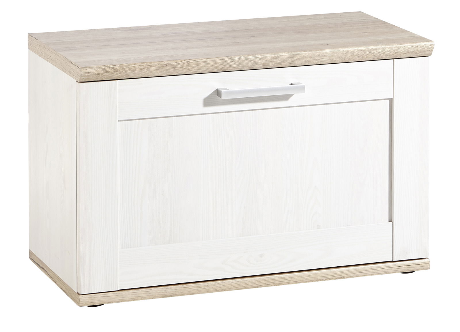 Weiße Bank mit Holzoptik-Oberfläche, Frontansicht