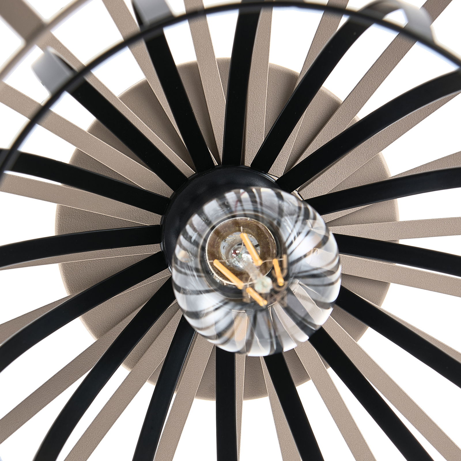 Nahaufnahme einer Deckenleuchte mit radial angeordneten schwarzen Streben und sichtbarer Glühbirne von unten.