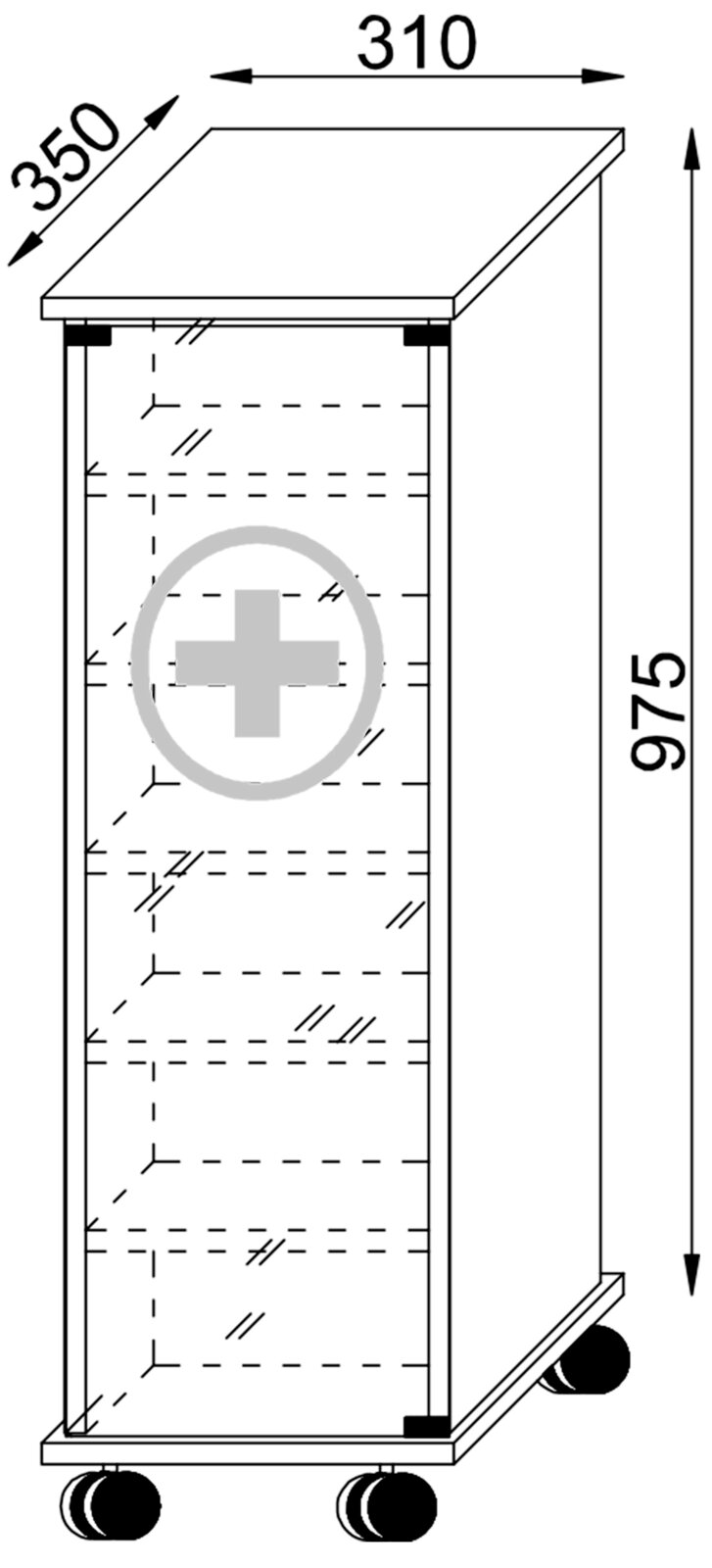 Technische Frontansicht eines schmalen Rollwagens/Schranks mit Ablageflächen und Rollen, Maße ca. 310 x 350 x 975 mm (B x T x H).