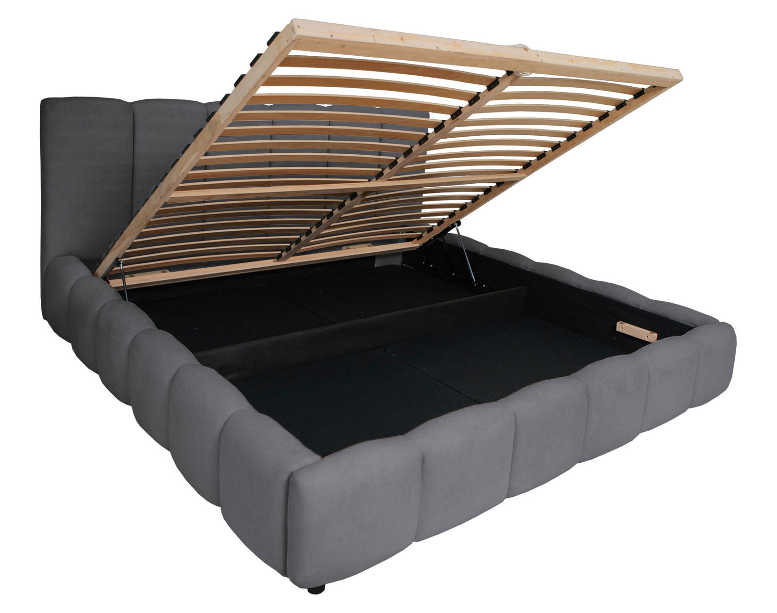 Graues Polsterbettgestell mit hochgeklapptem Lattenrost, seitliche Perspektive