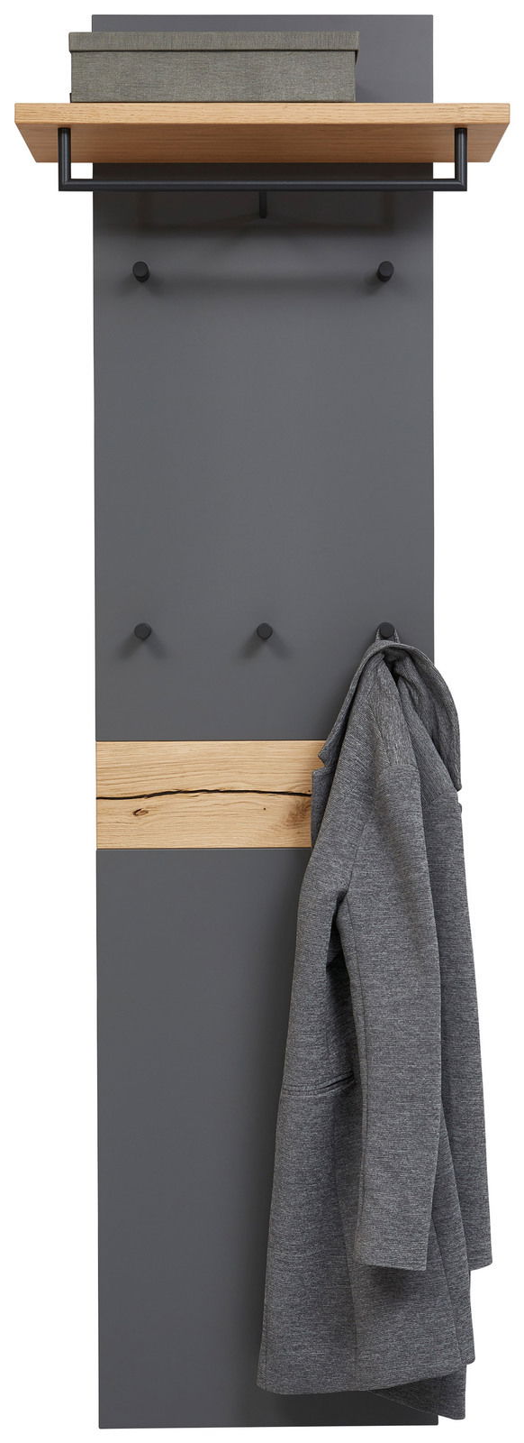 Garderobenpaneel in moderner Frontansicht mit grauer Oberfläche, Holzelement und mehreren Haken, ideal für die Aufbewahrung von Kleidung und Accessoires.
