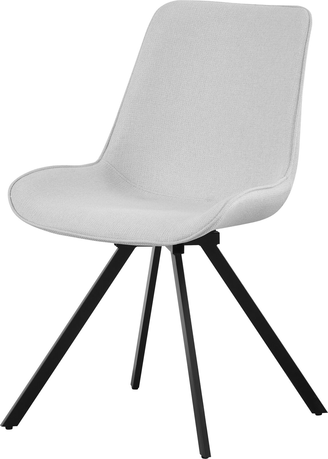 Moderner Polsterstuhl mit hellbeigem Stoffbezug und schwarzem Metallgestell, schräg von vorne links fotografiert