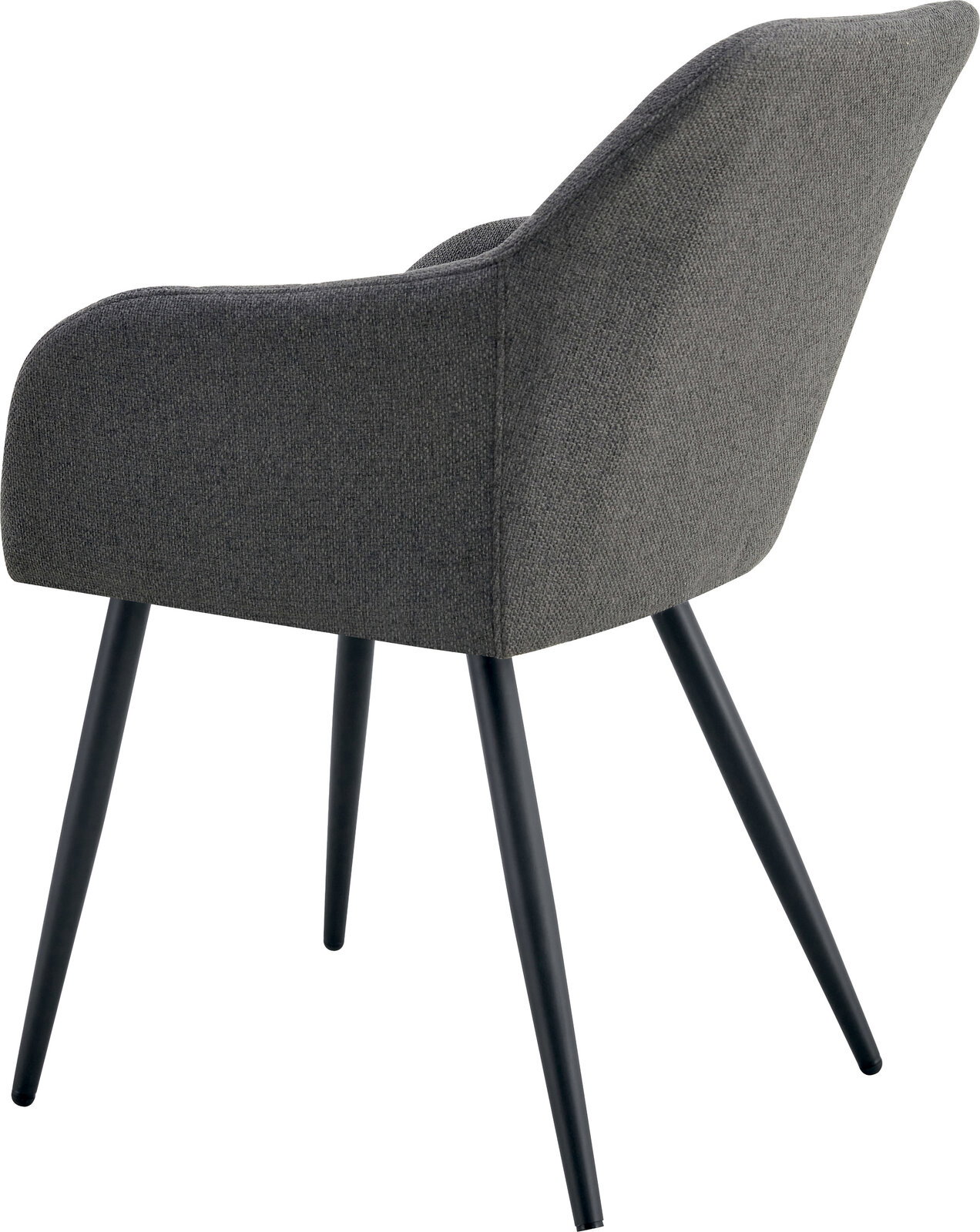 Grauer Polsterstuhl mit Armlehnen und schwarzen Metallbeinen, Ansicht schräg von hinten/seitlich