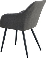 Grauer Polsterstuhl mit Armlehnen und schwarzen Metallbeinen, Ansicht schräg von hinten/seitlich