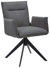 Grauer Armlehnstuhl mit geripptem Stoffbezug und schwarzem Metallgestell, seitliche Perspektive