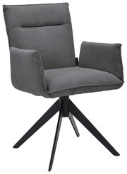 Grauer Armlehnstuhl mit geripptem Stoffbezug und schwarzem Metallgestell, seitliche Perspektive