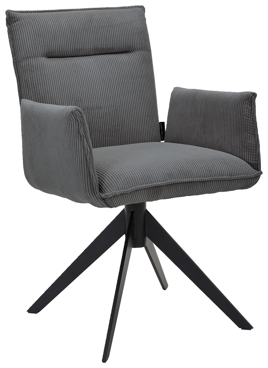 Johann Jakob Armlehnstuhl CALAS Grauer Armlehnstuhl mit geripptem Stoffbezug und schwarzem Metallgestell, seitliche Perspektive