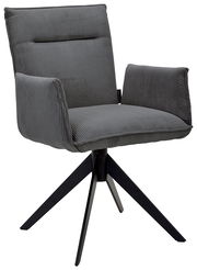 Grauer Armlehnstuhl mit geripptem Stoffbezug und schwarzem Metallgestell, seitliche Perspektive