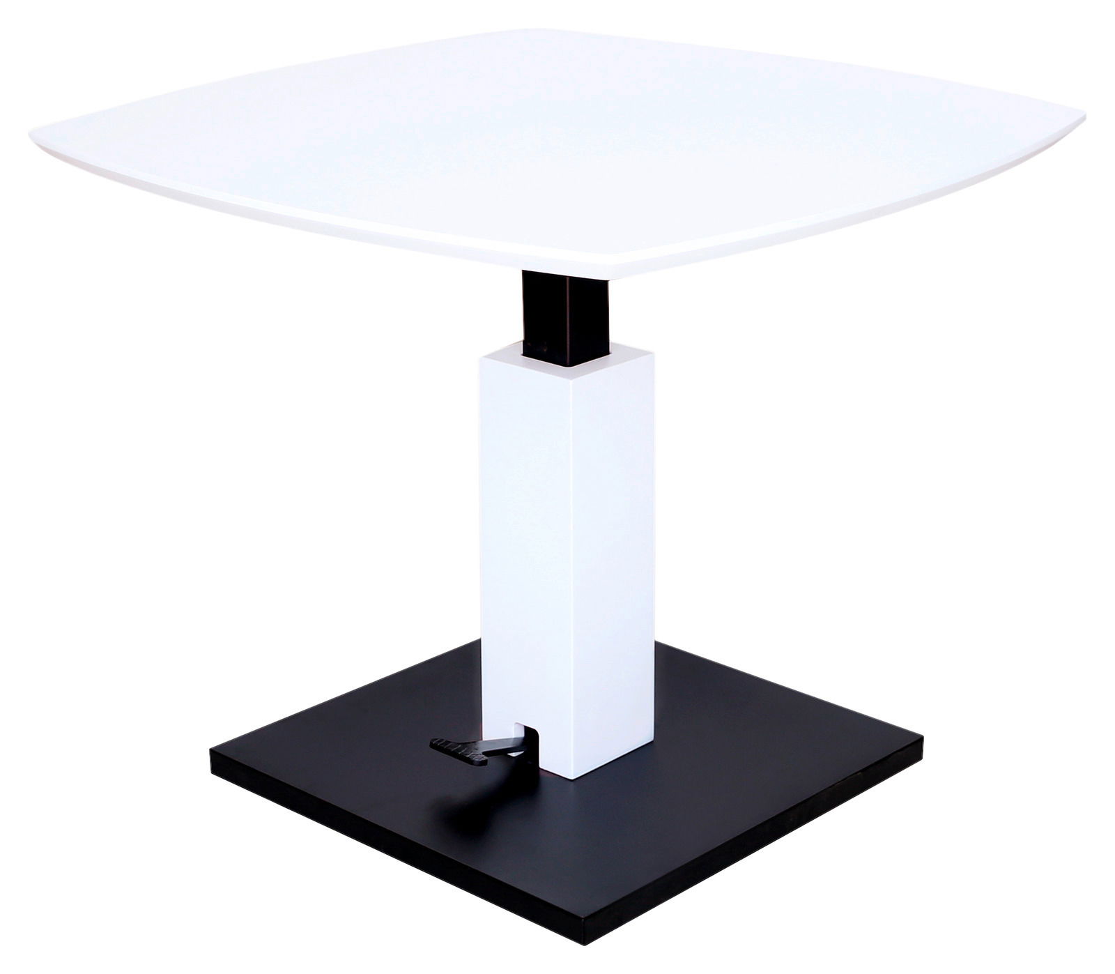 Moderner Couchtisch mit quadratischer weißer Tischplatte und schwarzem Sockel, seitliche Perspektive