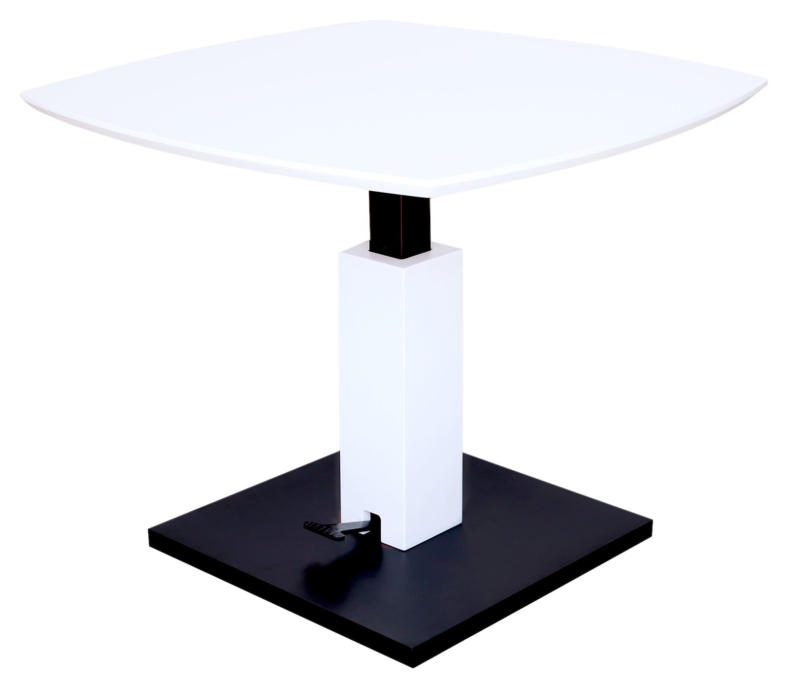 Moderner Couchtisch mit quadratischer weißer Tischplatte und schwarzem Sockel, seitliche Perspektive
