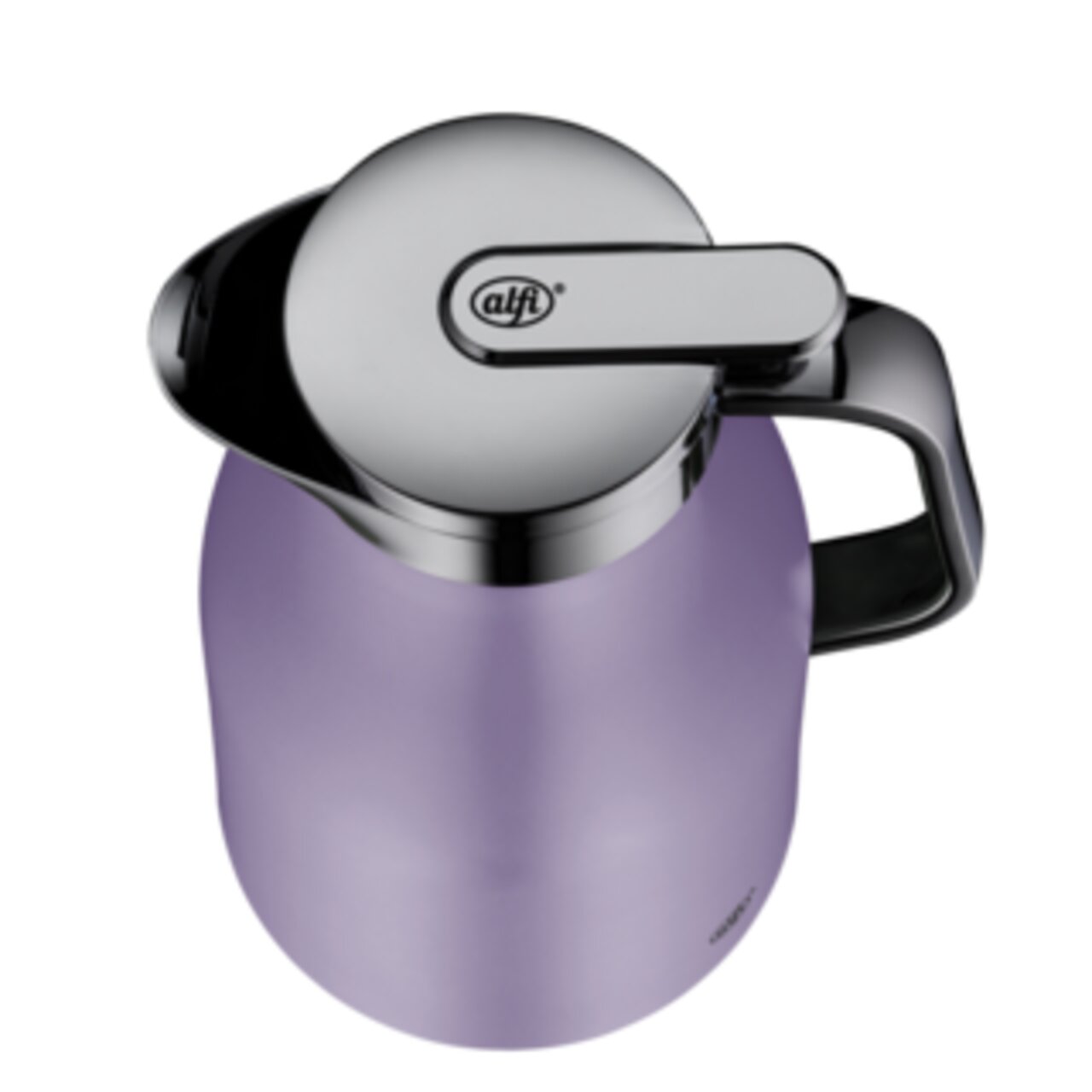 Lila Isolierkanne Skyline aus der Vogelperspektive mit glänzendem Deckel und schwarzem Griff.