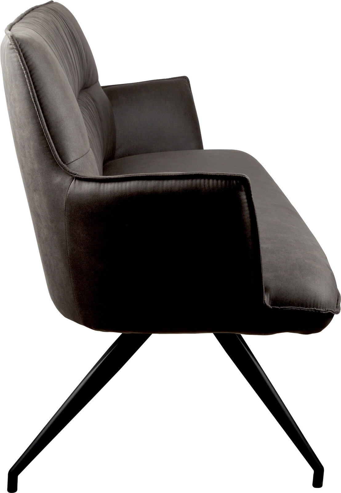 Dunkelgrauer, gepolsterter Polsterstuhl mit Armlehnen und schwarzem Metallgestell, Seitenansicht von links auf weißem Hintergrund