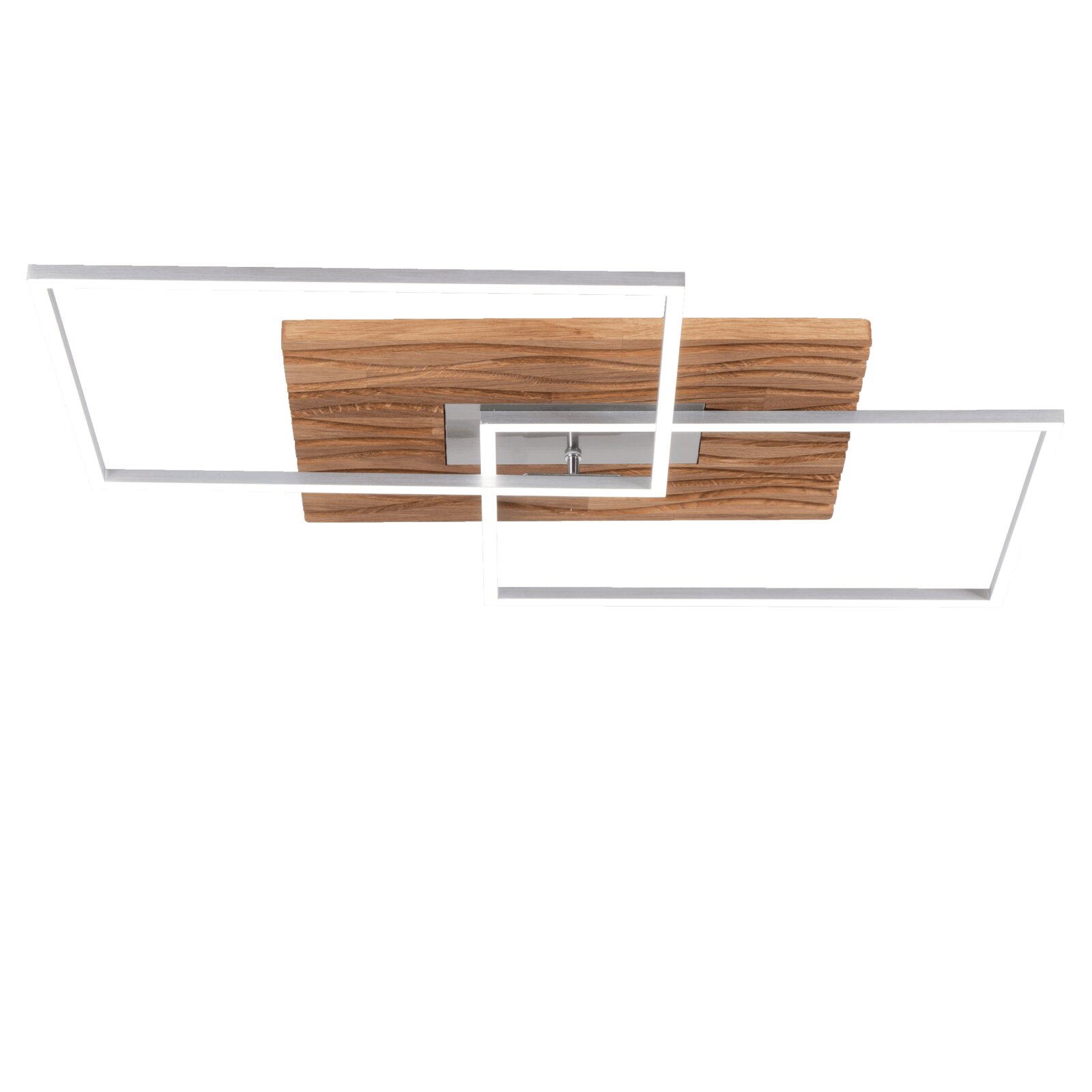 Moderne LED-Deckenleuchte mit rechteckigen Rahmen und Holzoptik, Ansicht von unten.