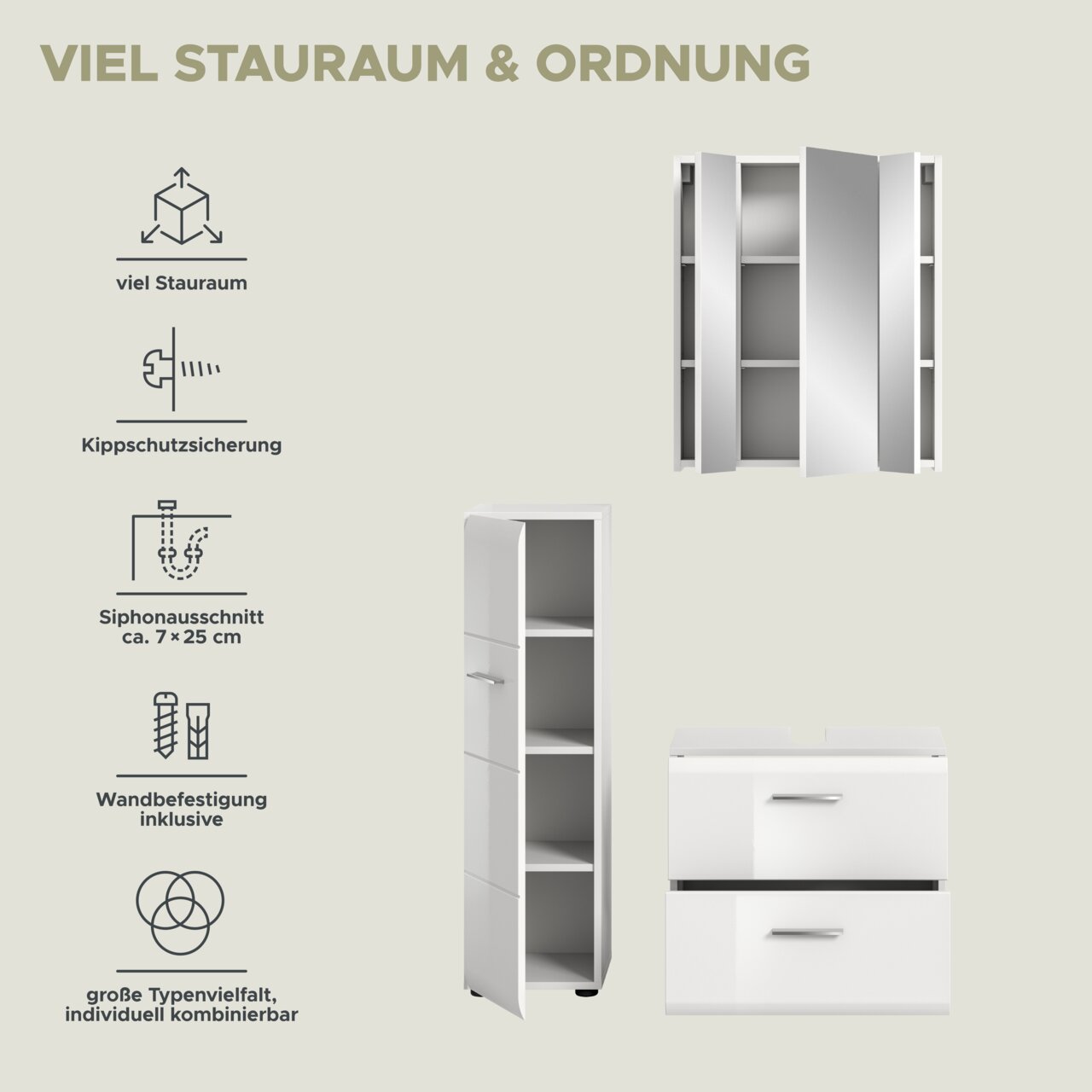 Marketinggrafik „Viel Stauraum & Ordnung“ mit Symbolen für viel Stauraum, Kippschutzsicherung, Siphonausschnitt ca. 7×25 cm, Wandbefestigung inklusive und kombinierbare Typen; rechts Produktansichten eines weißen Badezimmerschranks/Spiegelschranks sowie e