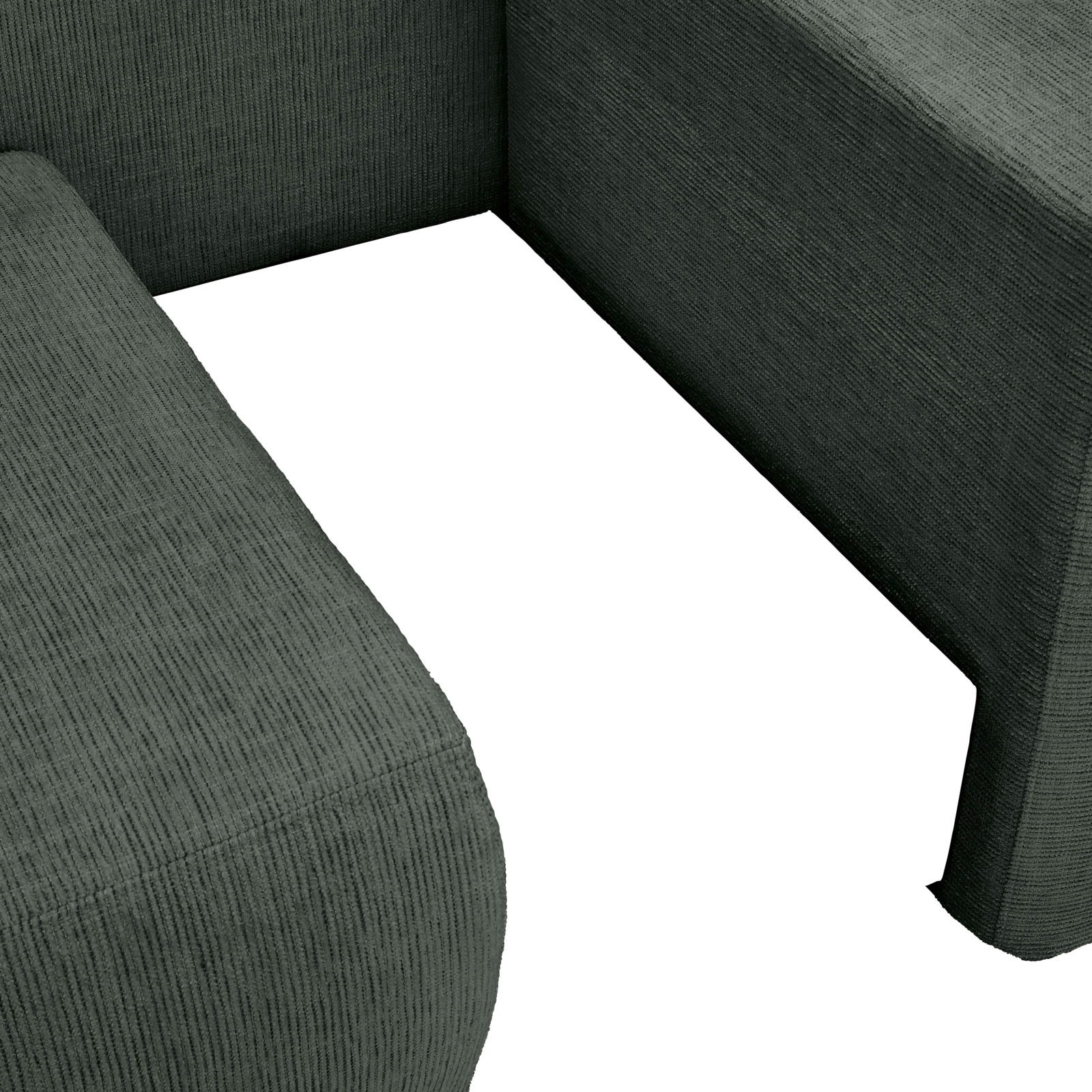 Nahaufnahme einer Recamiere mit dunkelgrauem Stoffbezug, Perspektive von oben.