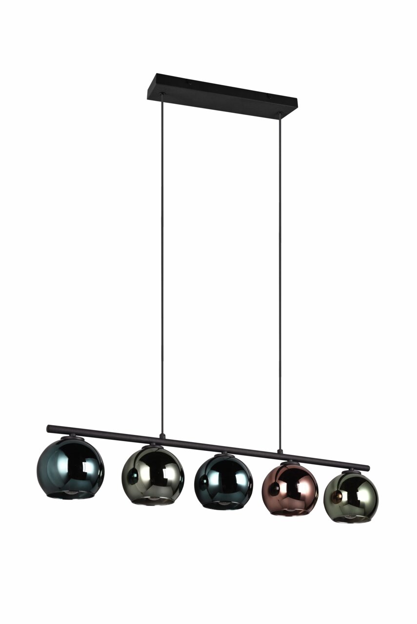 Reality Leuchten Pendelleuchte SHELDON Moderne Pendelleuchte SHELDON mit fünf kugelförmigen, metallisch glänzenden Schirmen in verschiedenen Farben, seitliche Perspektive.