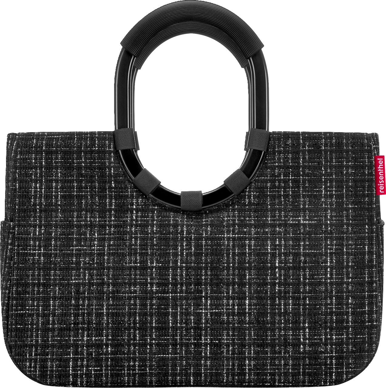 Schwarze reisenthel Handtasche mit strukturierter Stoffoptik und runden, geriffelten Griffen, Vorderansicht