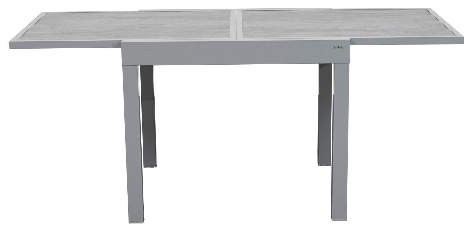 Moderner grauer Gartentisch aus Metall mit rechteckiger Tischplatte, Frontalansicht