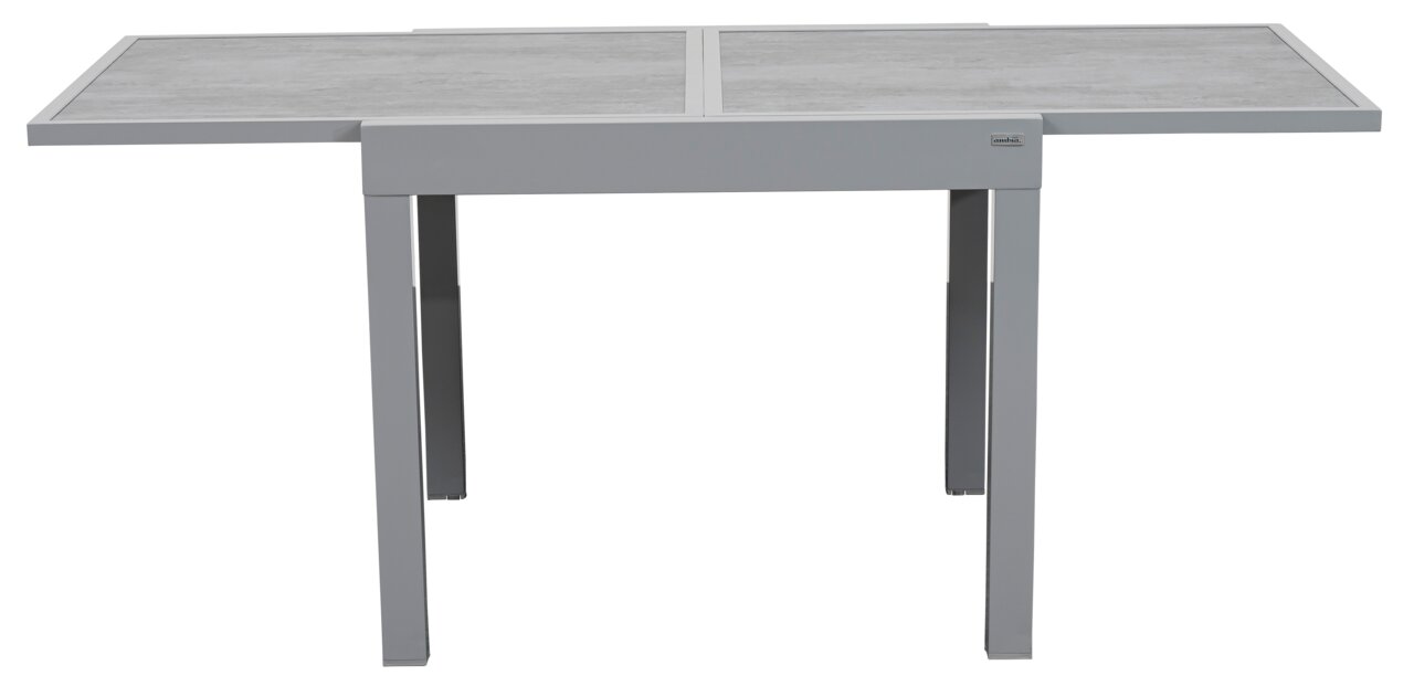 Moderne grijze tuintafel van metaal met rechthoekig tafelblad, vooraanzicht