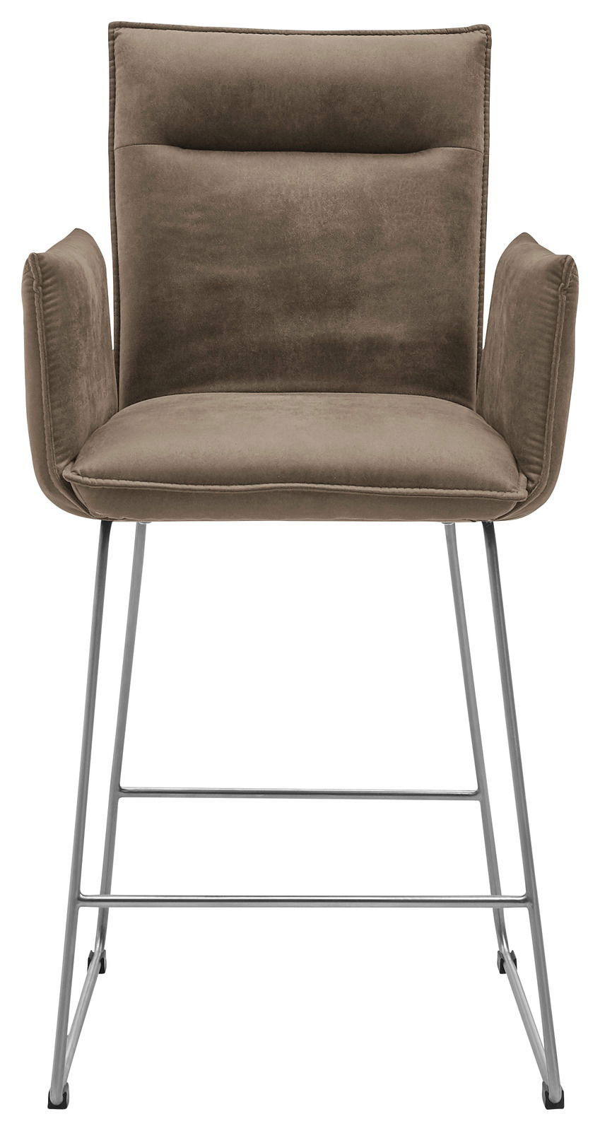 Barsessel mit braunem Polster und Metallgestell, Frontalansicht