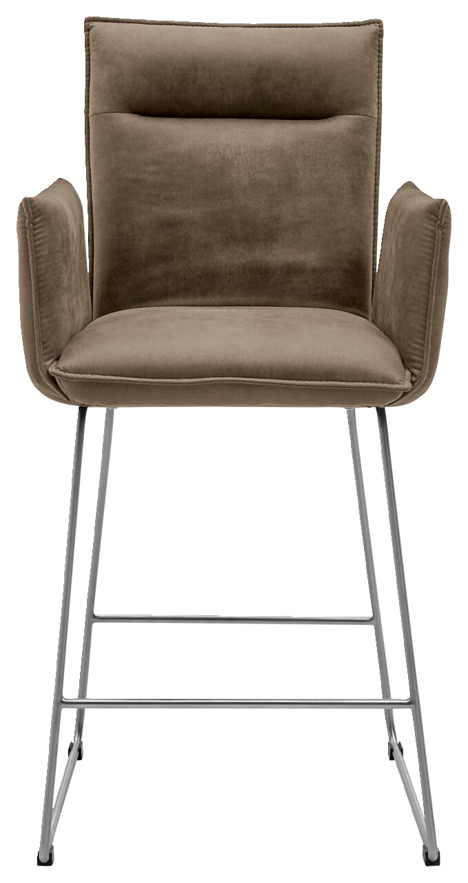 Barsessel mit braunem Polster und Metallgestell, Frontalansicht
