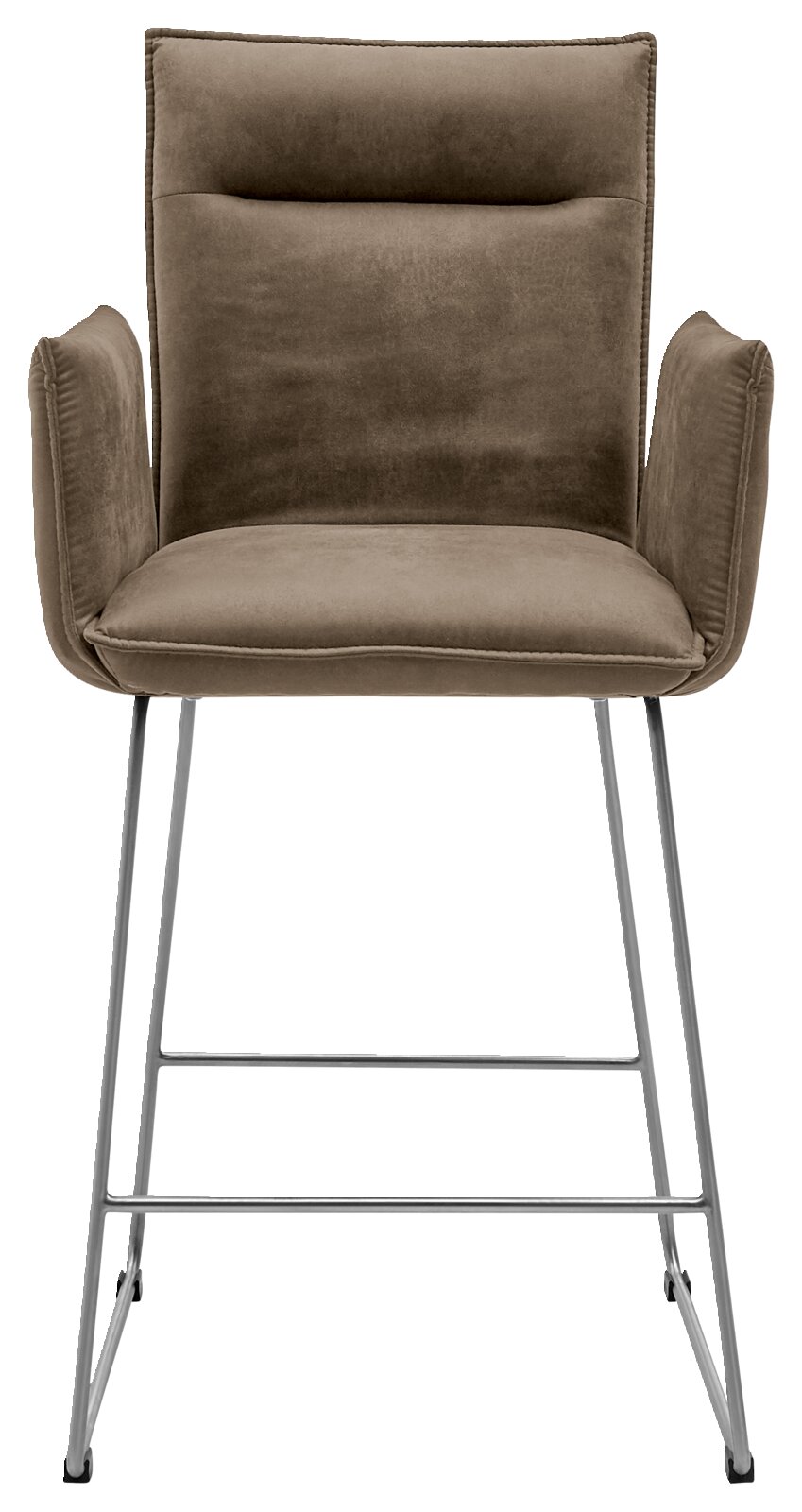 Barsessel mit braunem Polster und Metallgestell, Frontalansicht