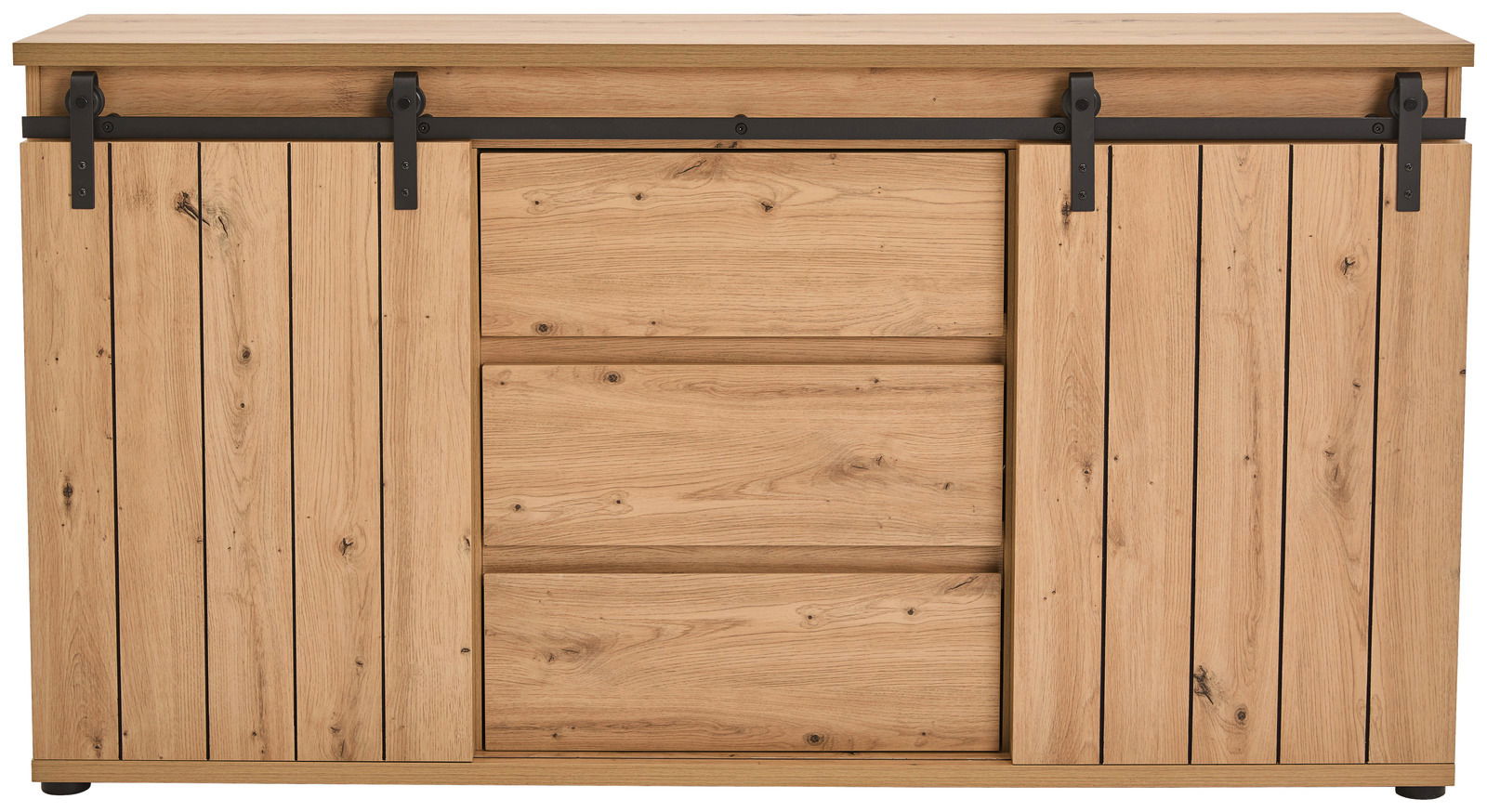 Frontale Ansicht eines Sideboards aus hellem Holz mit Schiebetüren und schwarzen Metallbeschlägen.