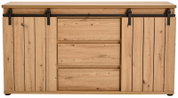 Vooraanzicht van een dressoir van licht hout met schuifdeuren en zwarte metalen beslag.