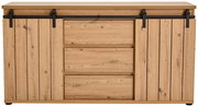 Frontale Ansicht eines Sideboards aus hellem Holz mit Schiebetüren und schwarzen Metallbeschlägen.