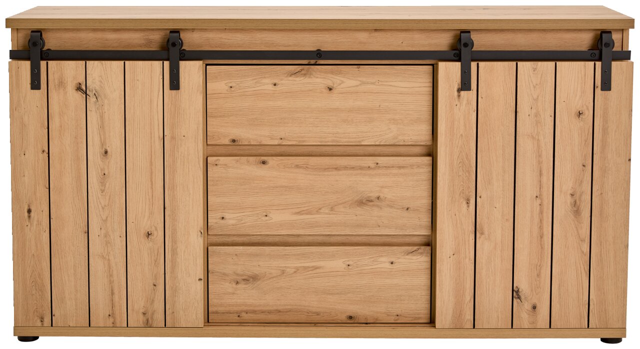 Frontale Ansicht eines Sideboards aus hellem Holz mit Schiebetüren und schwarzen Metallbeschlägen.